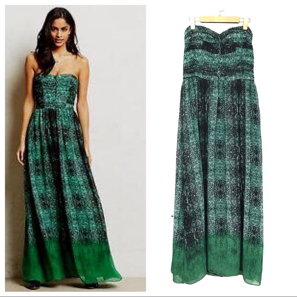 Anthropologie Green and Black Strapless Printed Maxi Dress
